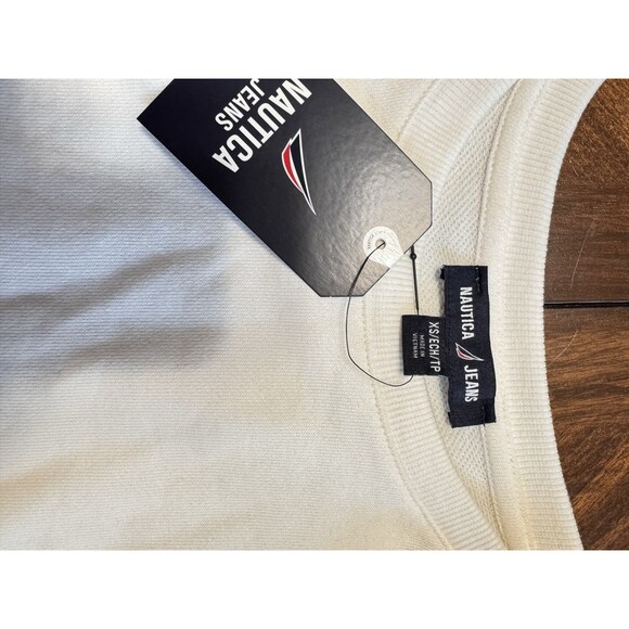 NAUTICA JEANS WOMENS IVORY SWEATER SLEEVES WOVEN BODICE NWT XS - Picture 6 of 7